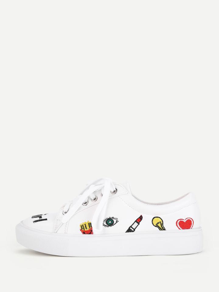 Romwe Mixed Embroidery Lace Up Sneakers