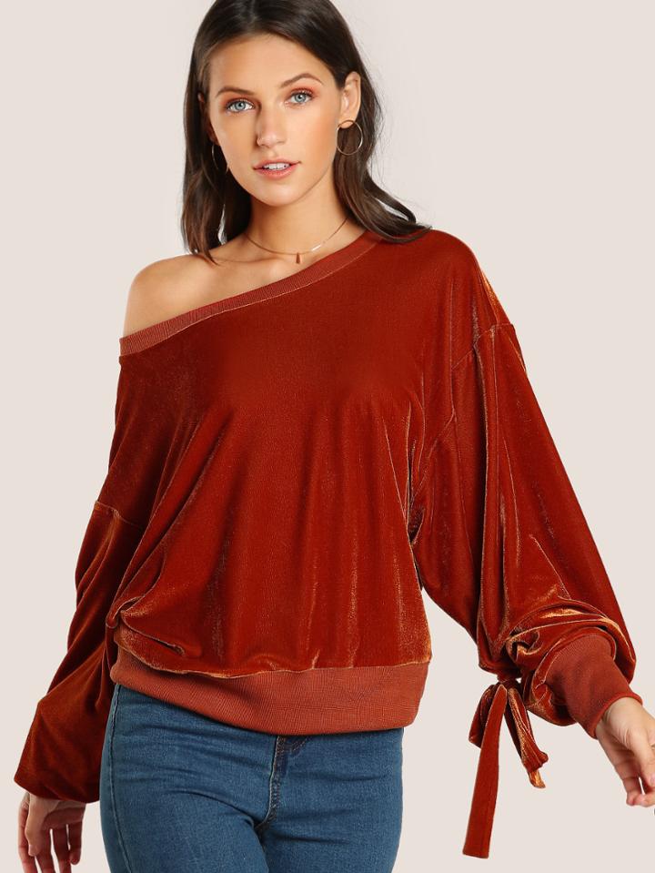 Romwe Bow Tie Exaggerate Lantern Sleeve Velvet Sweatshirt