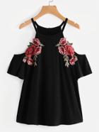 Romwe Embroidered Rose Patch Cold Shoulder Tee