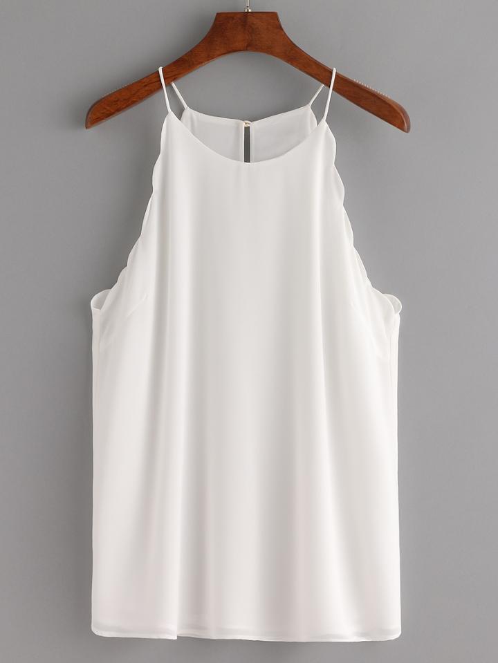 Romwe Keyhole Back Scalloped Chiffon Cami Top - White