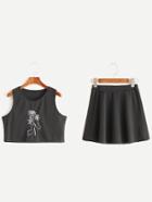 Romwe Rose Embroidered Tank Top With Skirt