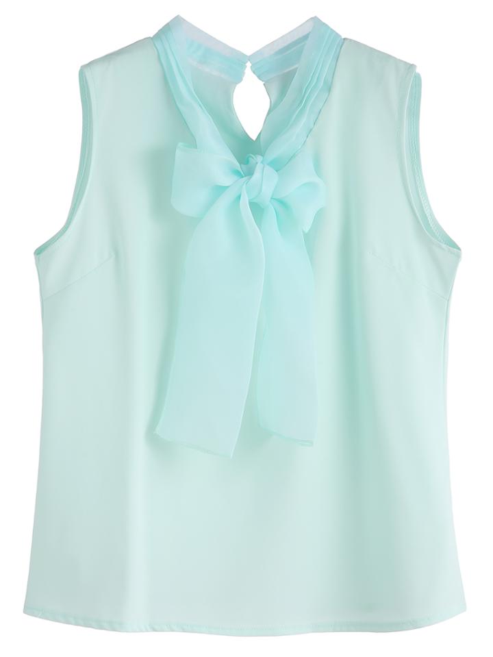 Romwe Pale Green Bow Tie Keyhole Back Sleeveless Blouse