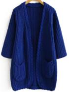 Romwe Cable Knit Pockets Long Royal Blue Coat