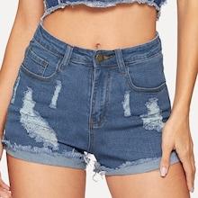 Romwe Ripped Raw Hem Stitch Detail Denim Shorts