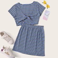 Romwe Striped Twist Front Top With Skirt