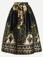 Romwe Navy Vintage Print Box Pleated Skirt