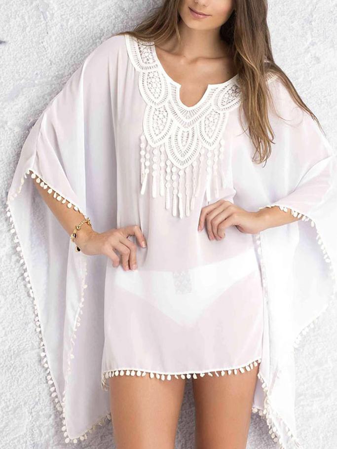 Romwe White Crochet Chiffon Dress With Pom Pom