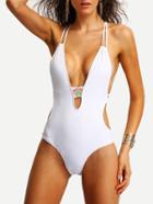 Romwe Plunge Neck Strappy One-piece Swimwear - White