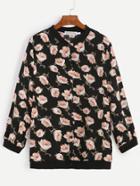 Romwe Flower Print Button Front Bomber Jacket