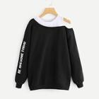 Romwe Plus Letter Print Colorblock Open-shoulder Sweatshirt