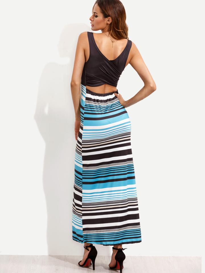 Romwe Striped Wrap Back Cut Out Tank Dress