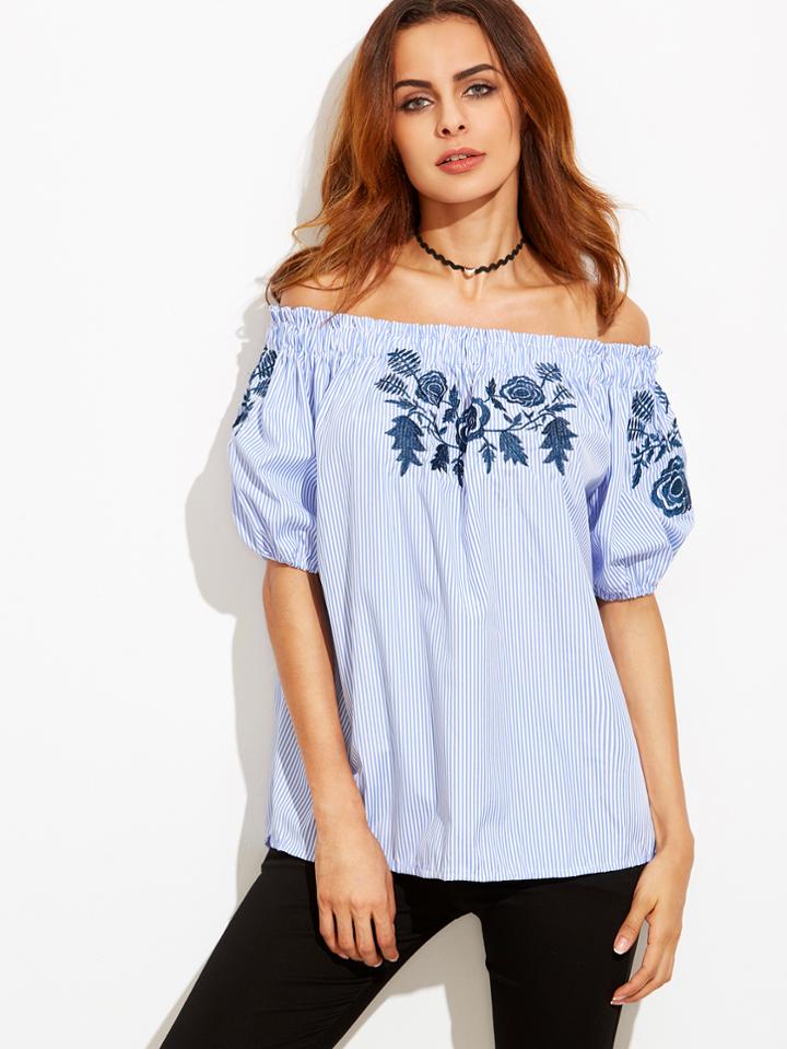 Romwe Blue Vertical Stripe Embroidered Lantern Sleeve Top