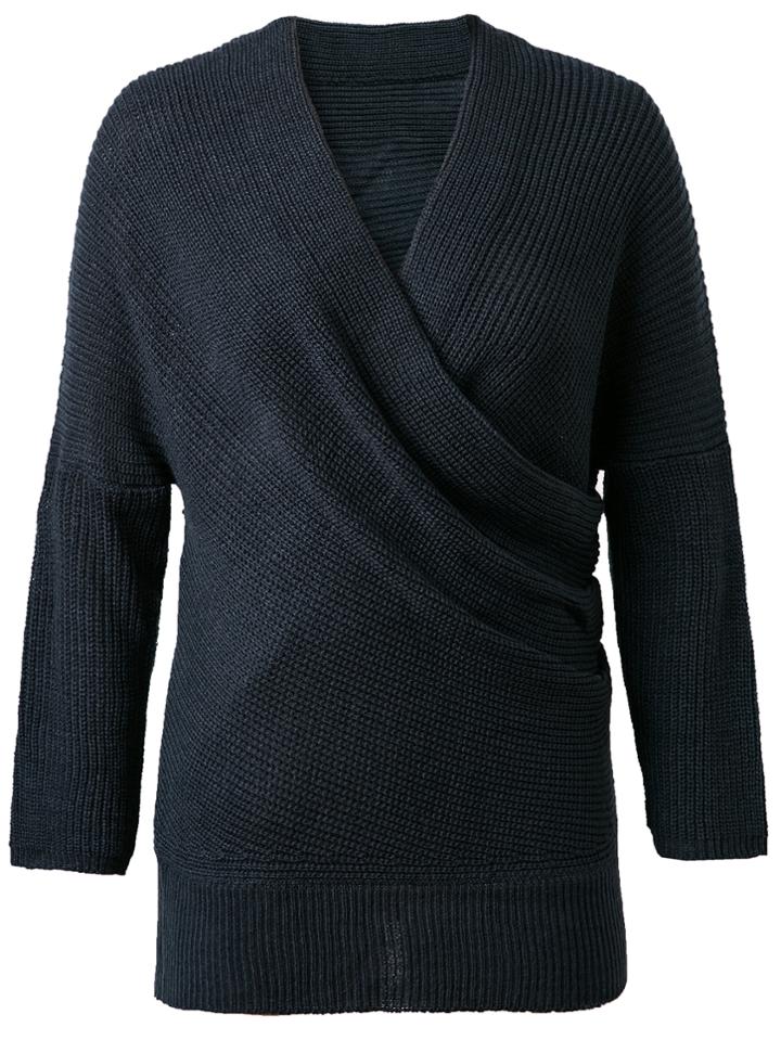 Romwe Navy Surplice Front Drop Shoulder Knit Sweater