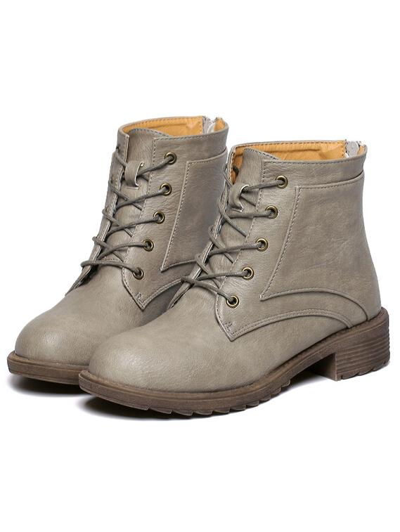 Romwe Grey Round Toe Lace Up Pu Boots
