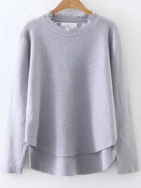 Romwe Grey Fringe Trim Dip Hem Knitwear