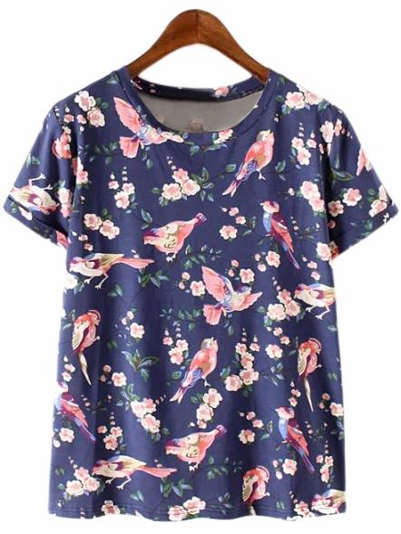 Romwe Blue Short Sleeve Floral Bird Print T-shirt