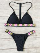 Romwe Black Floral Print Triangle Bikini Set