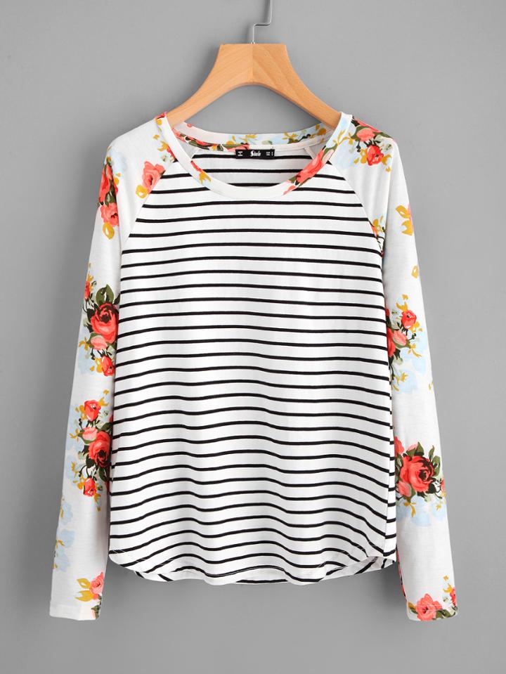 Romwe Floral Raglan Sleeve Curve Hem Striped Tee