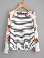 Romwe Floral Raglan Sleeve Curve Hem Striped Tee