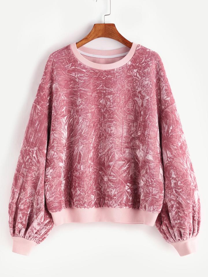 Romwe Pink Drop Shoulder Bishop Sleeve Crushed Velvet Sweatshirt