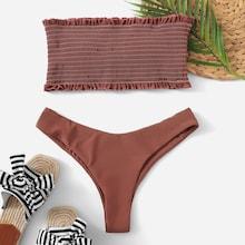Romwe Smocked Frill Trim Bandeau With High Cut Bikini