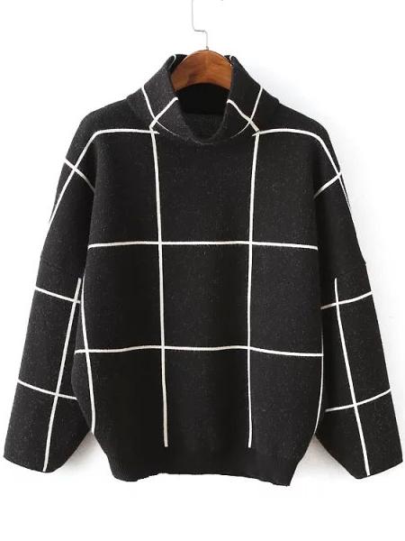 Romwe High Neck Plaid Loose Black Sweater