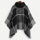 Romwe Plaid High Neck Poncho Sweater