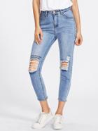 Romwe Embroidered Frayed Bleach Wash Jeans
