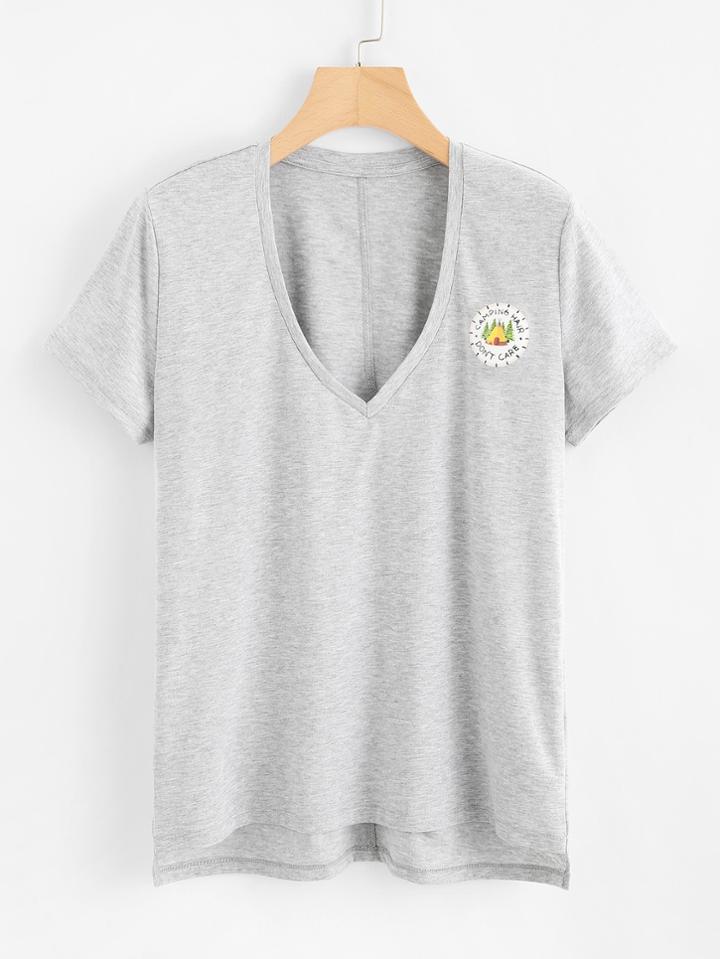 Romwe Deep V Neckline Graphic Print Tee