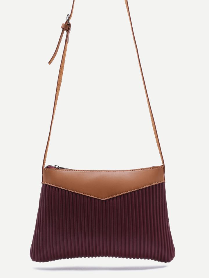 Romwe Burgundy Ribbed Pu Zip Closure Crossbody Bag
