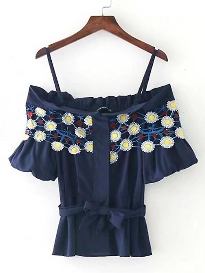 Romwe Cold Shoulder Contrast Lace Tie Waist Top