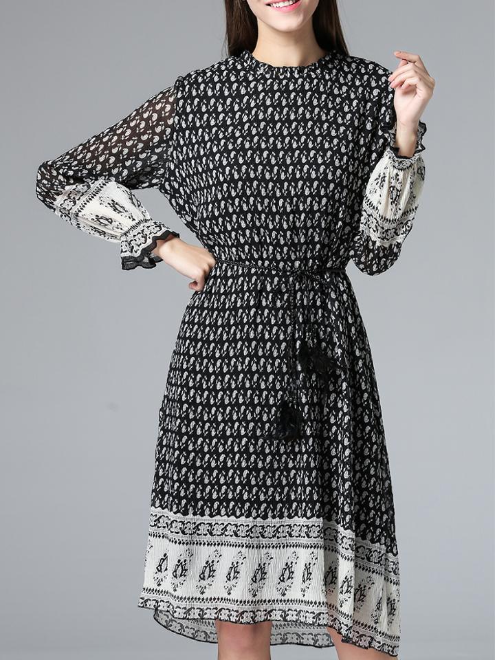 Romwe Black Bell Sleeve Tie-waist Pleated Dress
