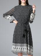 Romwe Black Bell Sleeve Tie-waist Pleated Dress