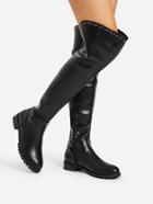 Romwe Studded Detail Over The Knee Pu Boots