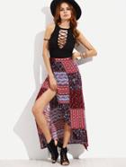 Romwe Multicolor Vintage Patch Print Asymmetric Wrap Skirt