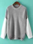 Romwe Contrast Sleeve Dip Hem Grey Sweater