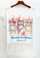 Romwe With Tassel Cat Print White T-shirt