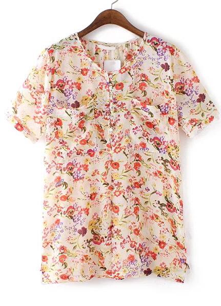 Romwe With Pockets Florals Chiffon Top