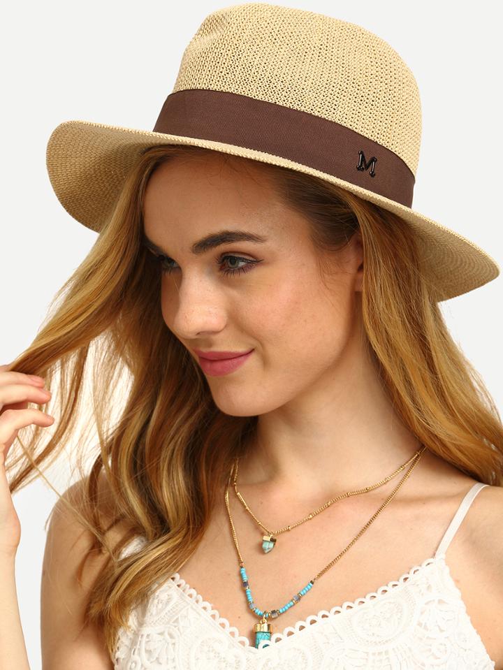 Romwe Beige Letter Decorated Large Brimmed Straw Hat