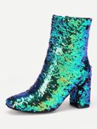 Romwe Sequin Overlay Chunky Heeled Ankle Boots