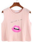 Romwe Lip Print Crop Tank Top - Pink