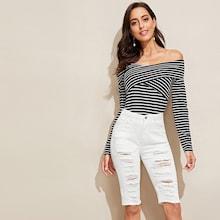Romwe Solid Ripped Knee Length Denim Shorts