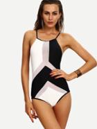 Romwe Contrast Mesh Insert Crisscross One-piece Swimwear