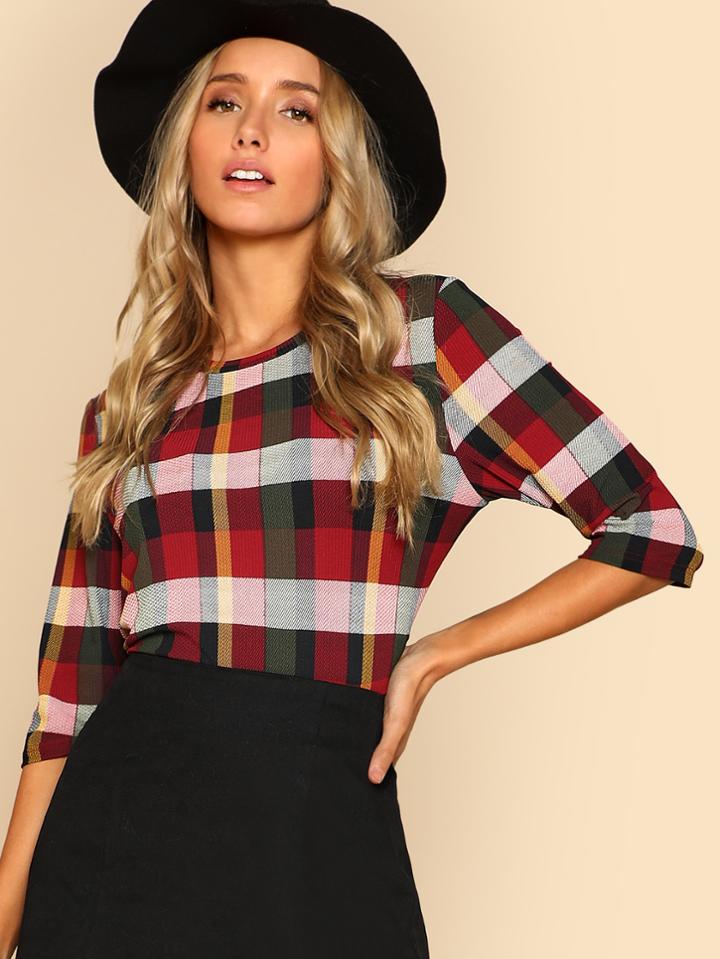 Romwe Round Neck Plaid Top