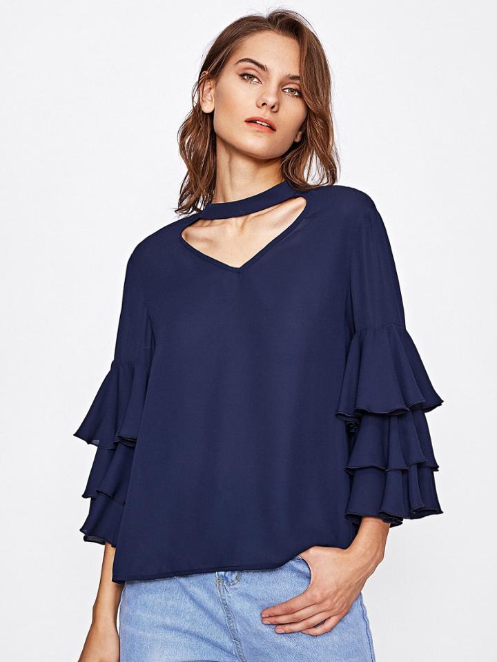 Romwe Choker V Cut Layered Trumpet Sleeve Blouse