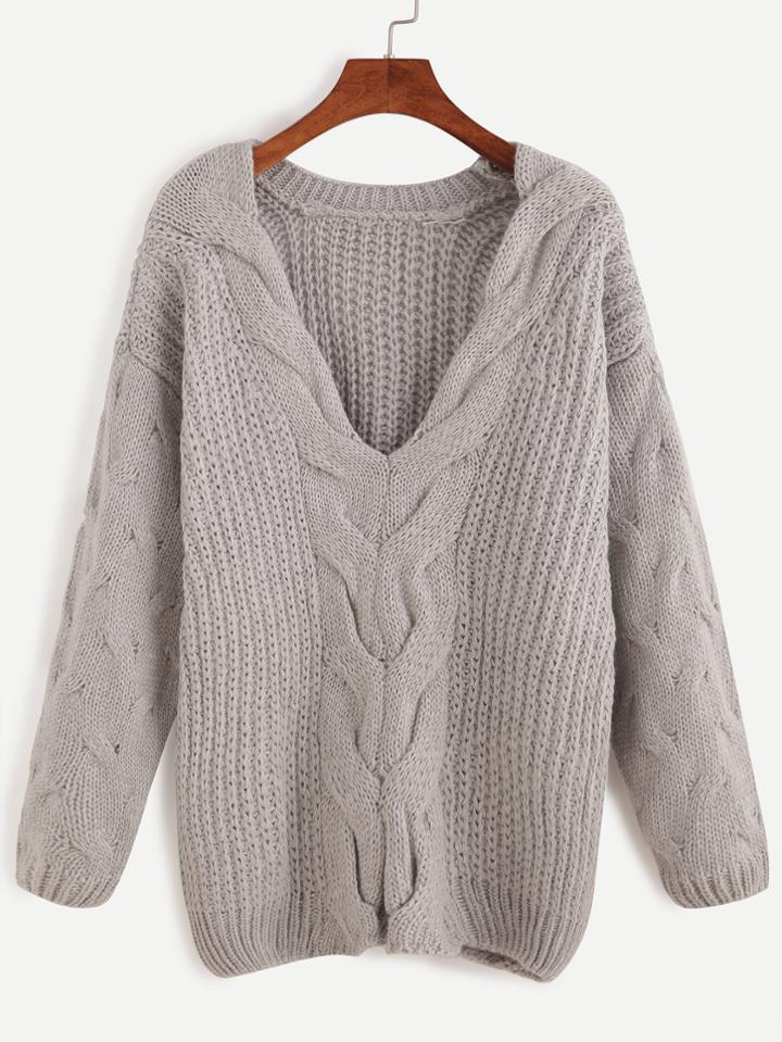 Romwe Grey V Neck Cable Knit Sweater