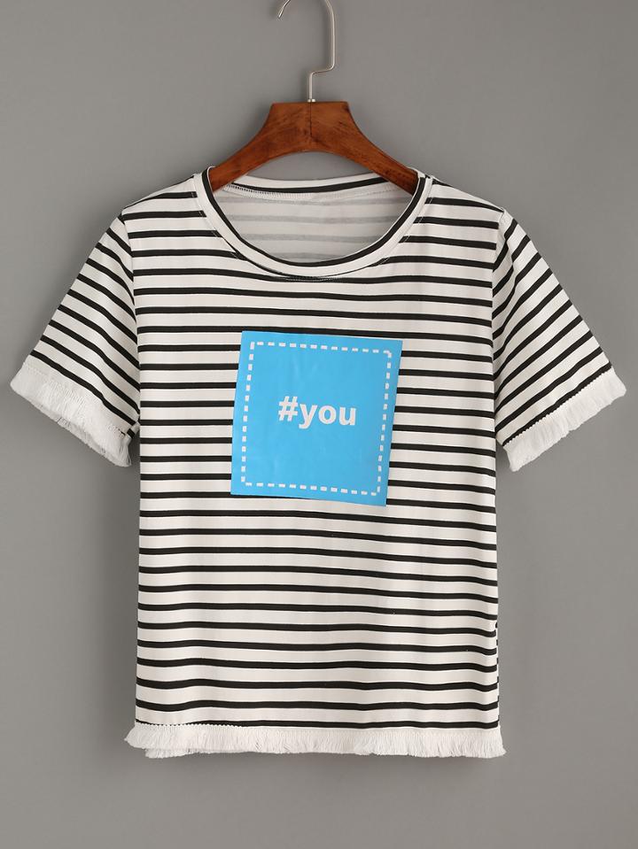 Romwe Black Tassel Trimmed Letter Print Striped T-shirt