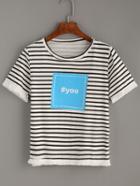 Romwe Black Tassel Trimmed Letter Print Striped T-shirt