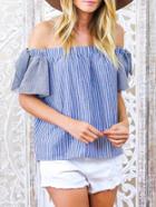 Romwe Off The Shoulder Vertical Striped Bow Top