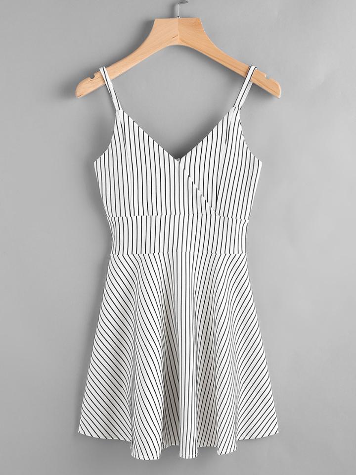 Romwe Striped Wrap Front Zip Back Cami Dress